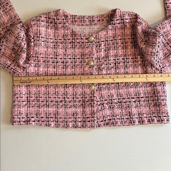 TWEED MINI SKIRT AND JACKET BLAZER SET WOMENS PINK BLACK GOLD BUTTON 2 PIECE SET - Picture 15 of 15